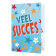 Veel succes - Formaat: Standaard - Vorm: Staand - Succes kaart - Op deze wenskaart staat de tekst 'veel succes in rood en blauw met gouden strepen. De achtergrond is blauw gevuld met sterren en slingertjes. - Snelwenskaart