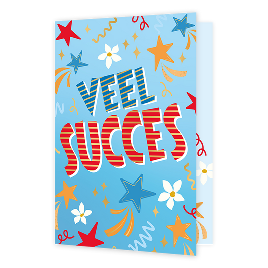 Op deze wenskaart staat de tekst 'veel succes in rood en blauw met gouden strepen. De achtergrond is blauw gevuld met sterren en slingertjes.