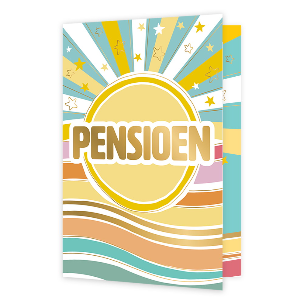 Pensioen - Formaat: Normaal - Vorm: Staand - Pensioenkaart - Op deze wenskaart staat een zon met zonnestralen in diverse kleuren en in het midden de tekst: "Pensioen". - Snelwenskaart