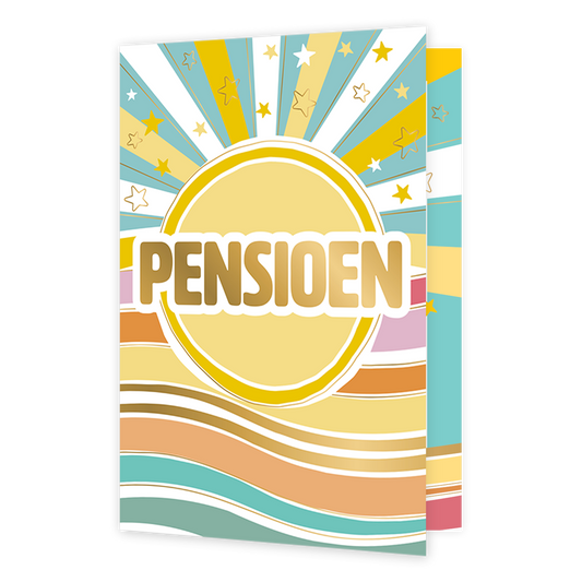 Pensioen - Formaat: Normaal - Vorm: Staand - Pensioenkaart - Op deze wenskaart staat een zon met zonnestralen in diverse kleuren en in het midden de tekst: "Pensioen". - Snelwenskaart