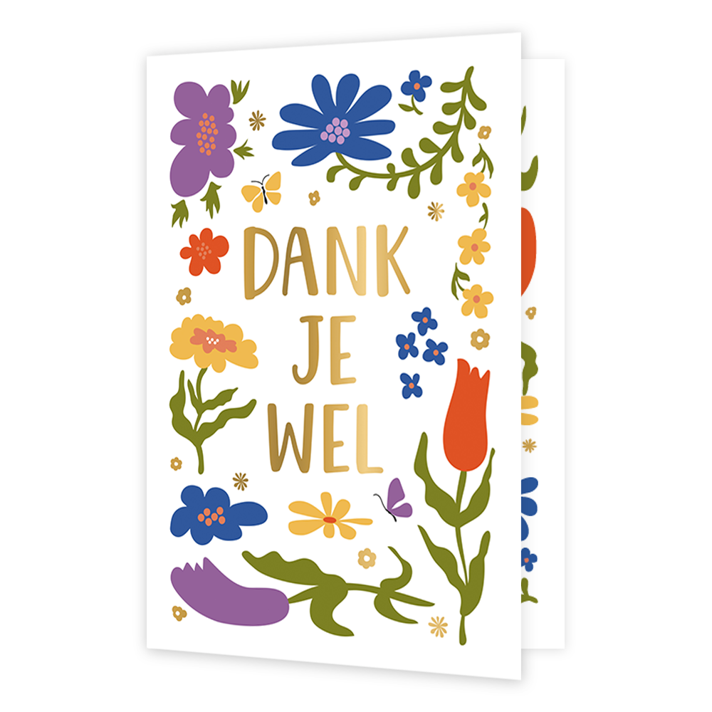 Dank je wel - Formaat: Normaal - Vorm: Staand - Bedankkaart - Op deze wenskaart staan bloemen in de kleuren paars, blauw, geel, rood en groen met in het midden de tekst: "Dank je wel". - Snelwenskaart