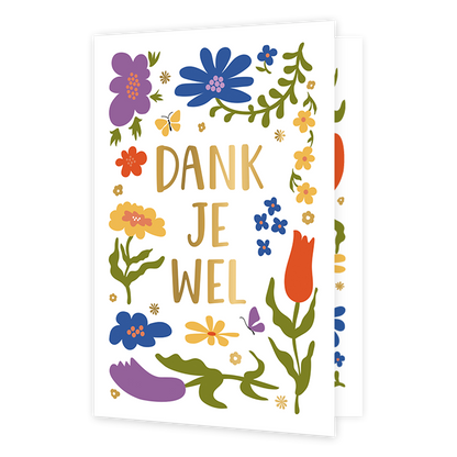 Dank je wel - Formaat: Normaal - Vorm: Staand - Bedankkaart - Op deze wenskaart staan bloemen in de kleuren paars, blauw, geel, rood en groen met in het midden de tekst: "Dank je wel". - Snelwenskaart
