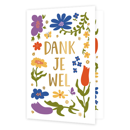 Dank je wel - Formaat: Normaal - Vorm: Staand - Bedankkaart - Op deze wenskaart staan bloemen in de kleuren paars, blauw, geel, rood en groen met in het midden de tekst: "Dank je wel". - Snelwenskaart