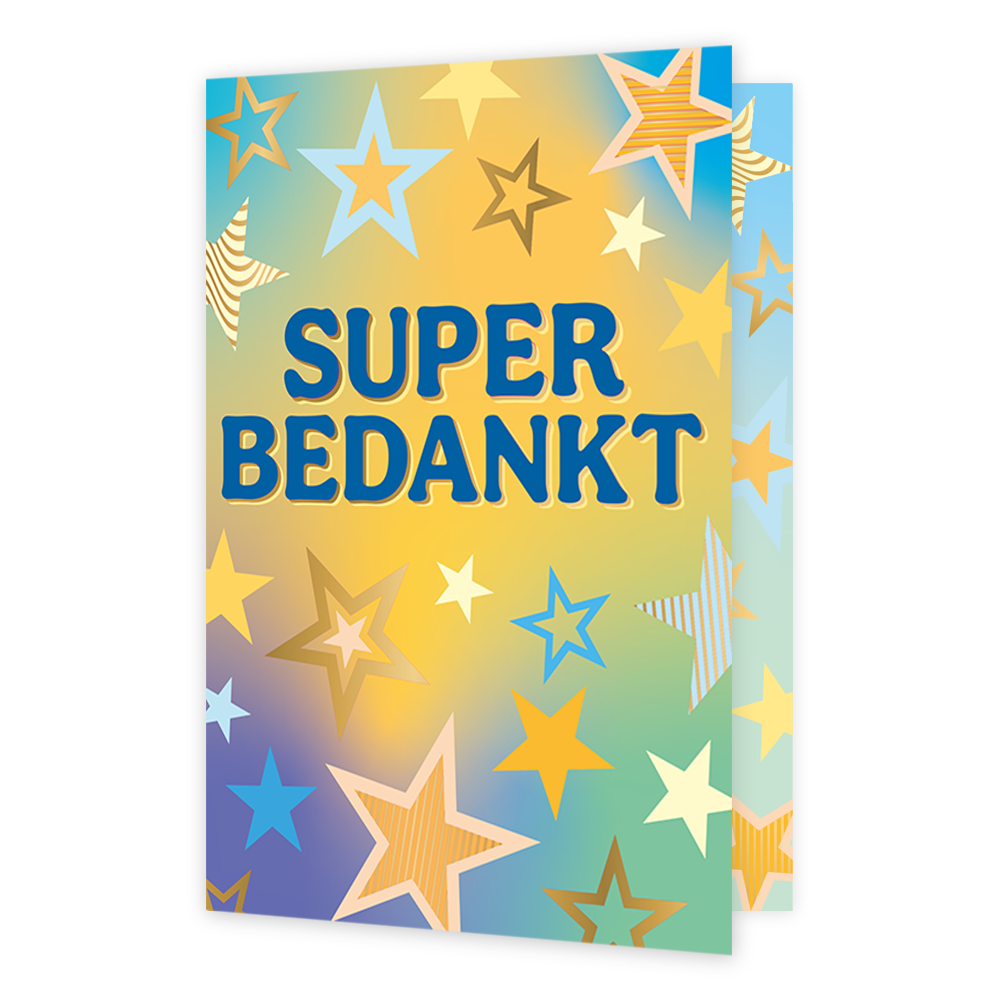 Super bedankt - Formaat: Normaal - Vorm: Staand - Bedankkaart - Op deze wenskaart staat 'super bedankt' in blauwe letters. De achtergond bestaat uit de kleuren geel, groen, paars en blauw. Op de achtergrond staan ook sterren in de kleuren blauw, goud en oranje. - Snelwenskaart
