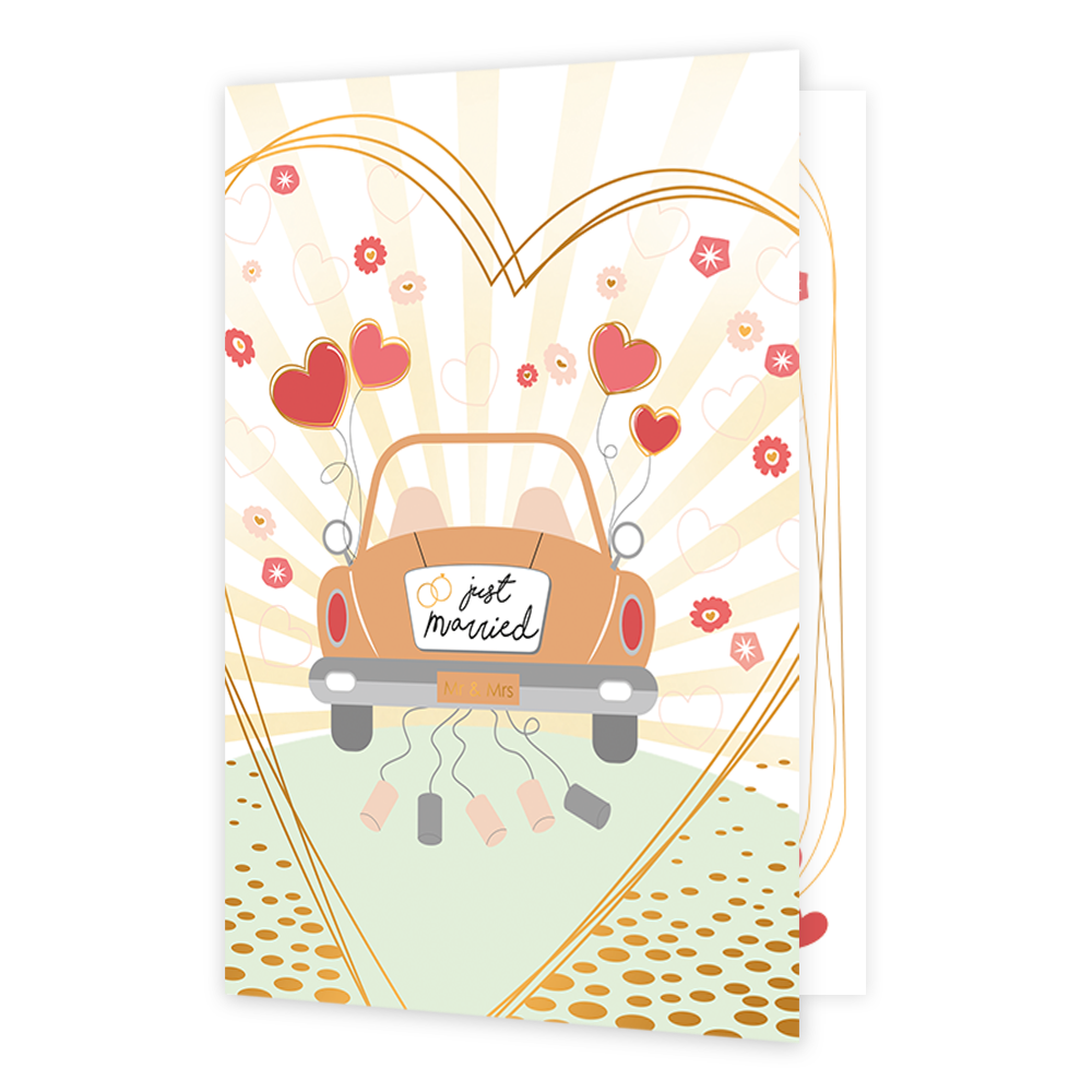 Just married - Formaat: Normaal - Vorm: Staand - Huwelijkskaart - Op deze wenskaart staat een speelse illustratie van een oranje trouwauto van achteren gezien, rijdend over een weg met stippen. Aan de auto hangen blikjes aan touwtjes en vier rode, hartvormige ballonnen. Op de achterruit staat de tekst "just married" met twee gouden ringen, en op de bumper staat een klein bordje met "Mr & Mrs". De scène wordt omlijst door een groot goudkleurig hart, waarbinnen zonnestralen en kleine bloemetjes en hartjes te