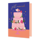 Just married - Formaat: Standaard - Vorm: Staand - Huwelijkskaart - Op deze wenskaart staat een kleurrijke illustratie van een roze bruidstaart met drie verdiepingen op een roze plateau. De taart is versierd met witte glazuurlijnen, gouden parelsnoeren en diverse bloemen in tinten van roze, wit en groen. Boven op de taart staan twee hartjes op stokjes. De achtergrond is diepblauw met kleine goudkleurige hartjes, terwijl de ondergrond een warme oranje-roze kleur heeft. Bovenaan staat de tekst "just married"