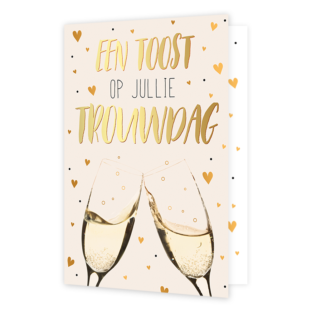 Een toost op jullie trouwdag - Formaat: Normaal - Vorm: Staand - Huwelijkskaart - Op deze wenskaart staan twee champagneflessen met hartjes eromheen en bovenaan de tekst: "Een toost op jullie trouwdag". - Snelwenskaart