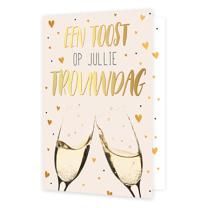 Een toost op jullie trouwdag - Formaat: Normaal - Vorm: Staand - Huwelijkskaart - Op deze wenskaart staan twee champagneflessen met hartjes eromheen en bovenaan de tekst: "Een toost op jullie trouwdag". - Snelwenskaart