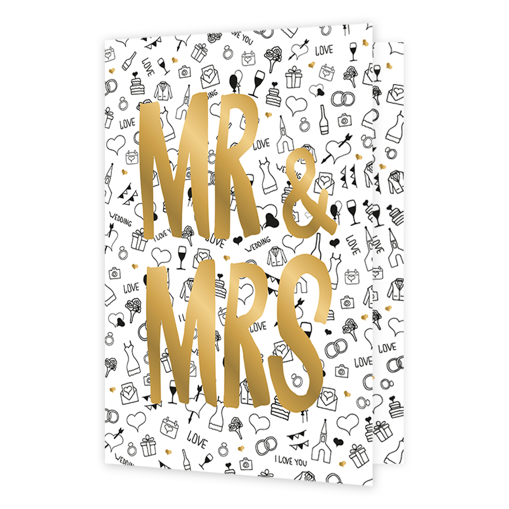 MR & MRS - Formaat: Normaal - Vorm: Staand - Huwelijkskaart - Op deze wenskaart staan diverse afbeeldingen waaronder wijnglazen, bloemen, kleding, enveloppen, etc. In het midden staat de tekst: "MR & MRS". - Snelwenskaart