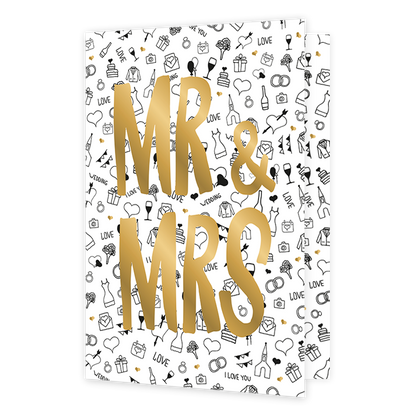 MR & MRS - Formaat: Normaal - Vorm: Staand - Huwelijkskaart - Op deze wenskaart staan diverse afbeeldingen waaronder wijnglazen, bloemen, kleding, enveloppen, etc. In het midden staat de tekst: "MR & MRS". - Snelwenskaart