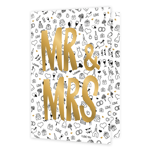 MR & MRS - Formaat: Normaal - Vorm: Staand - Huwelijkskaart - Op deze wenskaart staan diverse afbeeldingen waaronder wijnglazen, bloemen, kleding, enveloppen, etc. In het midden staat de tekst: "MR & MRS". - Snelwenskaart