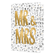 MR & MRS - Formaat: Standaard - Vorm: Staand - Huwelijkskaart - Op deze wenskaart staan diverse afbeeldingen waaronder wijnglazen, bloemen, kleding, enveloppen, etc. In het midden staat de tekst: "MR & MRS". - Snelwenskaart