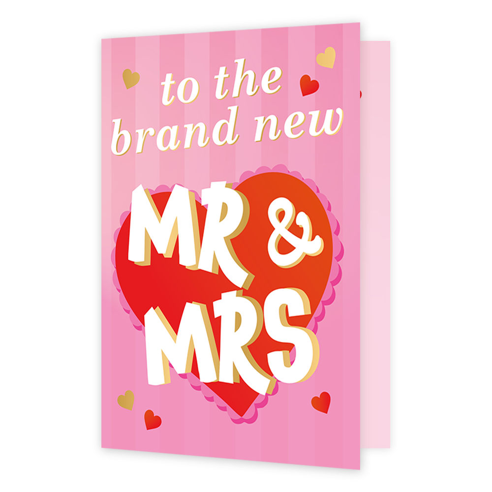 Op deze wenskaart staat de tekst 'to the brand new mr & mrs'. De achtergrond is donker en licht roze gestreept met een groot rood hart in het midden.