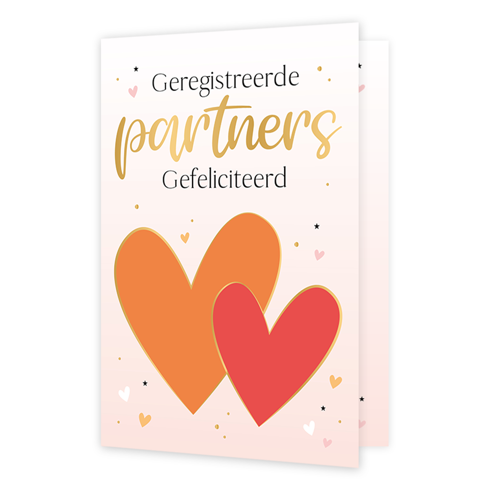 Geregistreerde partners gefeliciteerd - Formaat: Normaal - Vorm: Staand - Huwelijkskaart - Op deze wenskaart staan twee harten in de kleuren rood en oranje, op een witte achtergrond. In het midden staat de tekst: "Geregistreerde partners gefeliciteerd". - Snelwenskaart
