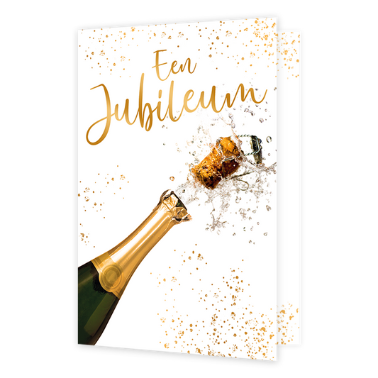 Een jubileum - Formaat: Normaal - Vorm: Staand - Jubileumkaart - Op deze wenskaart staat een champagnefles die ontpopt met daarboven de tekst: "Een jubileum". - Snelwenskaart