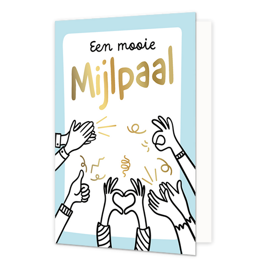 Een mooie mijlpaal - Formaat: Standaard - Vorm: Staand - Felicitatiekaart - Op deze wenskaart staat een witte achtergrond met een blauwe rand afgebeeld, omringd door diverse getekende handen die verschillende gebaren maken, zoals applaudisseren, een duim omhoog en handgebaren die een hartje vormen. Tussen de handen zijn kleine gouden feestelijke slingers en confetti-elementen te zien. Bovenaan de afbeelding staat in het zwart de tekst Een mooie en daaronder in grote, goudkleurige letters de tekst Mijlpaal.