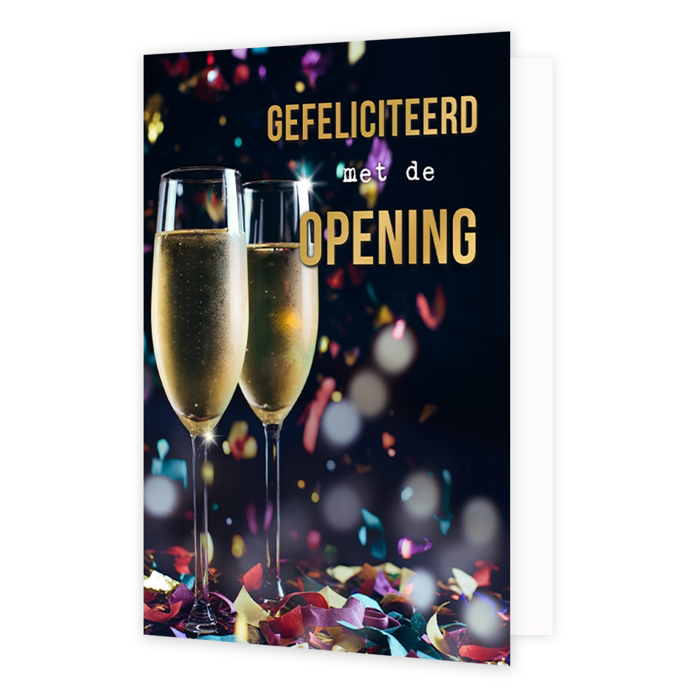 Gefeliciteerd met de opening - Formaat: Standaard - Vorm: Staand - Felicitatiekaart - Op deze wenskaart staat een feestelijke, donkere achtergrond met twee champagneglazen gevuld met bubbelende champagne op een ondergrond vol gekleurde confetti. Op de achtergrond is een vage, bokeh-achtige lichtinval zichtbaar met gekleurde confetti. Rechtsboven staat in het wit en goud de tekst "GEFELICITEERD met de OPENING". Verder bevat de afbeelding geen andere elementen. - Snelwenskaart