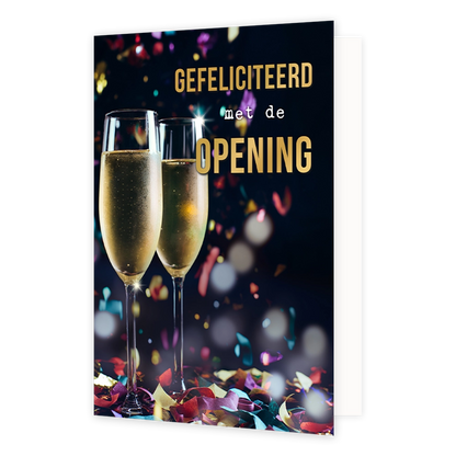 Gefeliciteerd met de opening - Formaat: Standaard - Vorm: Staand - Felicitatiekaart - Op deze wenskaart staat een feestelijke, donkere achtergrond met twee champagneglazen gevuld met bubbelende champagne op een ondergrond vol gekleurde confetti. Op de achtergrond is een vage, bokeh-achtige lichtinval zichtbaar met gekleurde confetti. Rechtsboven staat in het wit en goud de tekst "GEFELICITEERD met de OPENING". Verder bevat de afbeelding geen andere elementen. - Snelwenskaart