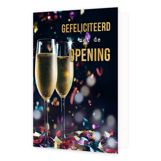 Gefeliciteerd met de opening - Formaat: Standaard - Vorm: Staand - Felicitatiekaart - Op deze wenskaart staat een feestelijke, donkere achtergrond met twee champagneglazen gevuld met bubbelende champagne op een ondergrond vol gekleurde confetti. Op de achtergrond is een vage, bokeh-achtige lichtinval zichtbaar met gekleurde confetti. Rechtsboven staat in het wit en goud de tekst "GEFELICITEERD met de OPENING". Verder bevat de afbeelding geen andere elementen. - Snelwenskaart