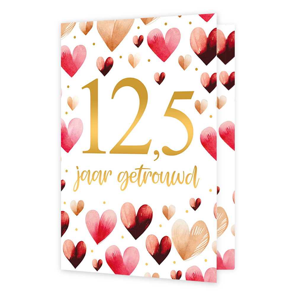 12,5 jaar getrouwd - Formaat: Normaal - Vorm: Staand - Huwelijkskaart - Op deze wenskaart staan hartjes in de kleuren rood, roze en beige met in het midden de tekst: "12,5 jaar getrouwd". - Snelwenskaart