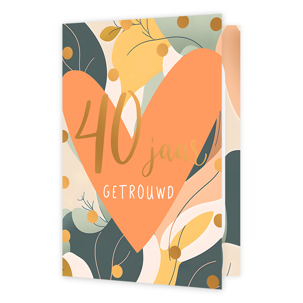 40 jaar getrouwd - Formaat: Normaal - Vorm: Staand - Huwelijkskaart - Op deze wenskaart staat een oranje hartje met op de achtergrond bladerne in de kleuren wit, geel, mintgroen en groen. In het midden staat de tekst: "40 jaar getrouwd". - Snelwenskaart