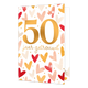 50 jaar getrouwd - Formaat: Standaard - Vorm: Staand - Huwelijkskaart - Op deze wenskaart staat de tekst "50 jaar getrouwd" centraal tegen een witte achtergrond die rijkelijk gevuld is met een patroon van hartjes. Het getal "50" is groot en opvallend uitgevoerd in een goudkleurige tint, met daaronder de woorden "jaar getrouwd" in een sierlijk, goudkleurig handgeschreven lettertype. De hartjes op de achtergrond hebben diverse warme kleuren zoals rood, oranje, goud en zachtroze, sommige met een subtiele text