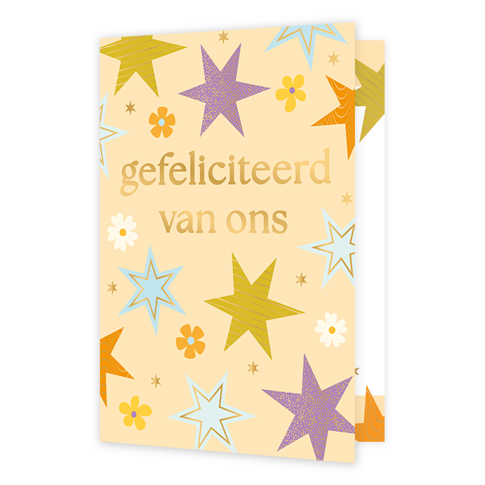 Gefeliciteerd van ons - Formaat: Standaard - Vorm: Staand - Felicitatiekaart - Op deze wenskaart staan sterren in diverse kleure met in het midden de tekst: "Gefeliciteerd van ons". - Snelwenskaart