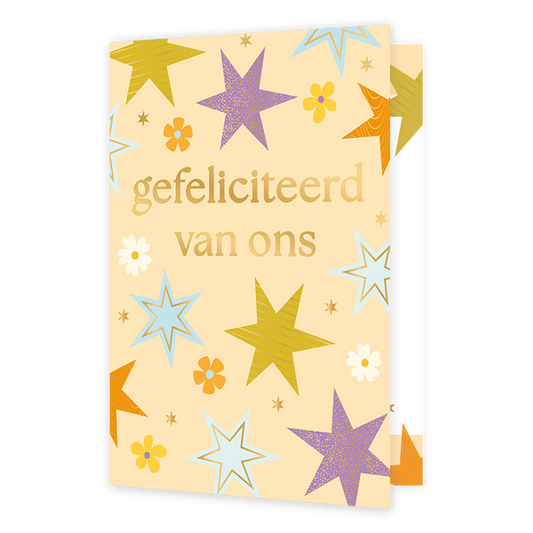 Gefeliciteerd van ons - Formaat: Normaal - Vorm: Staand - Felicitatiekaart - Op deze wenskaart staan sterren in diverse kleure met in het midden de tekst: "Gefeliciteerd van ons". - Snelwenskaart