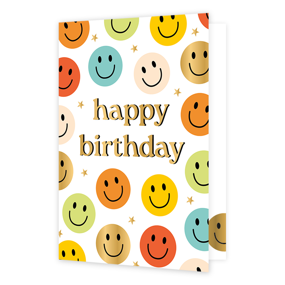 Happy birthday - Formaat: Normaal - Vorm: Staand - Verjaardagskaart - Op deze wenskaart staan smileys in de kleuren rood, groen, blauw, beige, oranje, geel en goud. In het midden staat de tekst: "Happy birthday". - Snelwenskaart