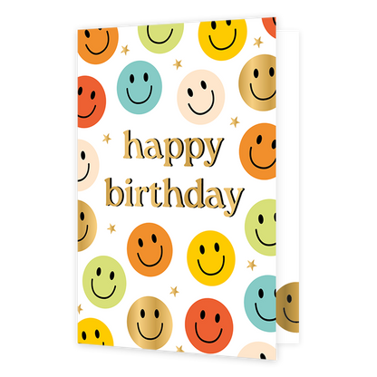 Happy birthday - Formaat: Normaal - Vorm: Staand - Verjaardagskaart - Op deze wenskaart staan smileys in de kleuren rood, groen, blauw, beige, oranje, geel en goud. In het midden staat de tekst: "Happy birthday". - Snelwenskaart