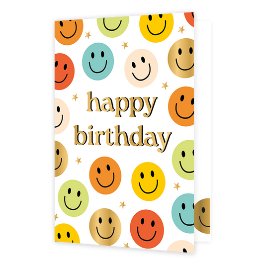Happy birthday - Formaat: Normaal - Vorm: Staand - Verjaardagskaart - Op deze wenskaart staan smileys in de kleuren rood, groen, blauw, beige, oranje, geel en goud. In het midden staat de tekst: "Happy birthday". - Snelwenskaart