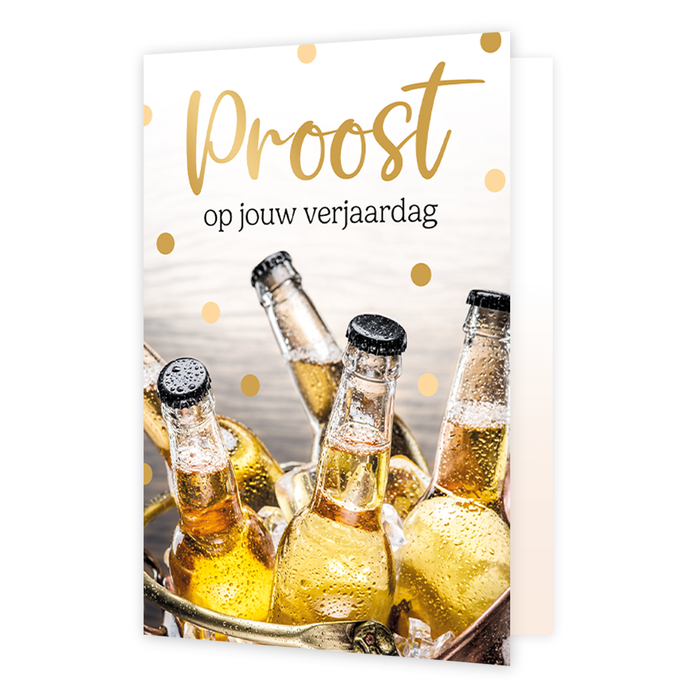 Proost op jouw verjaardag - Formaat: Normaal - Vorm: Staand - Verjaardagskaart - Op deze wenskaart staat een emmer met flessen bier. Daarboven staat de tekst: "Proost op jouw verjaardag". - Snelwenskaart