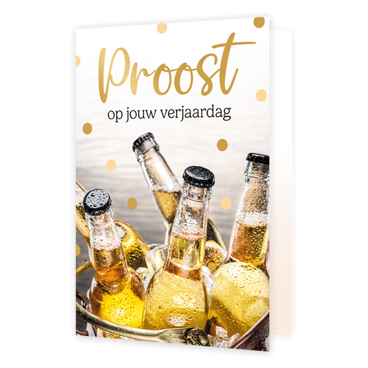 Proost op jouw verjaardag - Formaat: Normaal - Vorm: Staand - Verjaardagskaart - Op deze wenskaart staat een emmer met flessen bier. Daarboven staat de tekst: "Proost op jouw verjaardag". - Snelwenskaart
