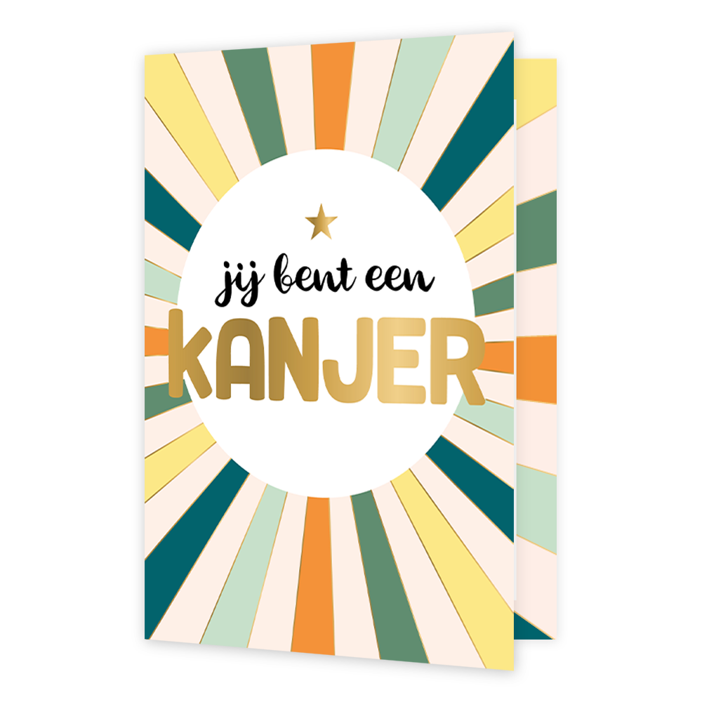 Jij bent een kanjer - Formaat: Normaal - Vorm: Staand - Complimentenkaart - Op deze wenskaart zijn lijnen te zien die in het midden naar de tekst: "Jij bent een kanjer" lopen, in de kleure nwit, geel, groen, mintgroen en oranje. - Snelwenskaart