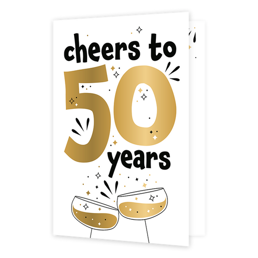 Cheers to 50 years - Formaat: Normaal - Vorm: Staand - Verjaardagskaart - Op deze wenskaart staan twee champagneglazen met daarboven de tekst: "Cheers to 50 years". - Snelwenskaart