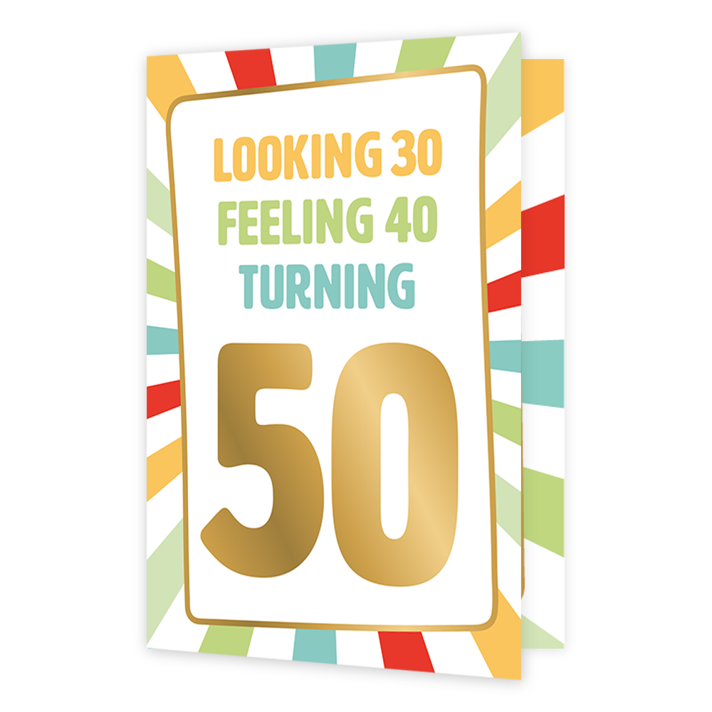 Turning 50 - Formaat: Normaal - Vorm: Staand - Verjaardagskaart - Op deze wenskaart staan lijnen in de kleuren rood, groen, blauw en geel. In het midden zit een wit vlak met de tekst: "Looking 30 feeling 40 turning 50". - Snelwenskaart