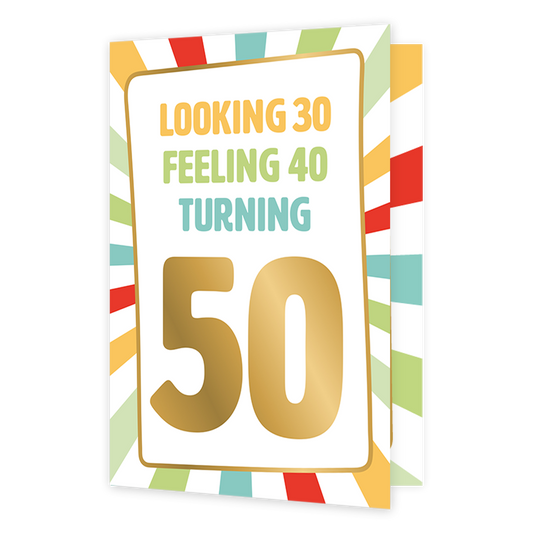 Turning 50 - Formaat: Normaal - Vorm: Staand - Verjaardagskaart - Op deze wenskaart staan lijnen in de kleuren rood, groen, blauw en geel. In het midden zit een wit vlak met de tekst: "Looking 30 feeling 40 turning 50". - Snelwenskaart