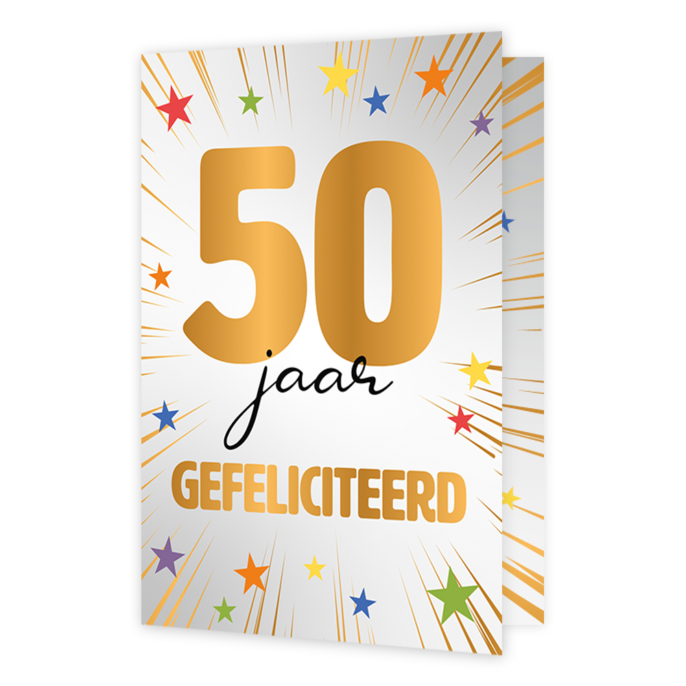 50 jaar gefeliciteerd - Formaat: Normaal - Vorm: Staand - Verjaardagskaart - Op deze wenskaart staan sterren in de kleuren oranje, paars, geel, blauw en groen. In het midden staat de tekst: "50 jaar gefeliciteerd". - Snelwenskaart