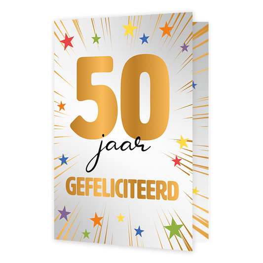 50 jaar gefeliciteerd - Formaat: Normaal - Vorm: Staand - Verjaardagskaart - Op deze wenskaart staan sterren in de kleuren oranje, paars, geel, blauw en groen. In het midden staat de tekst: "50 jaar gefeliciteerd". - Snelwenskaart