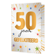 50 jaar gefeliciteerd - Formaat: Standaard - Vorm: Staand - Verjaardagskaart - Op deze wenskaart staan sterren in de kleuren oranje, paars, geel, blauw en groen. In het midden staat de tekst: "50 jaar gefeliciteerd". - Snelwenskaart
