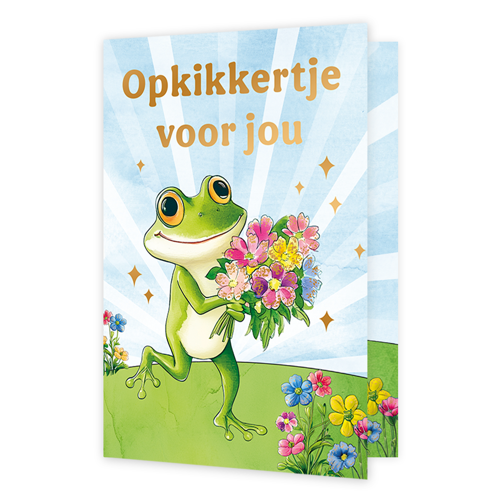 Op deze wenskaart loopt een kikker over een grasveld met een bos bloemen in de hand. Boven de kikker staat de gouden tekst 'opkikkertje voor jou'.