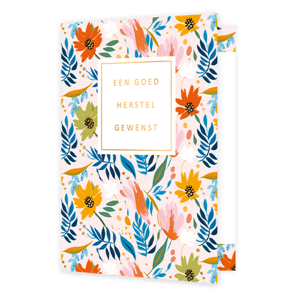 Een goed herstel gewenst - Formaat: Standaard - Vorm: Staand - Beterschapskaart - Op deze wenskaart staan bloemen in de kleuren oranje, rood, blauw en groen met in het midden een wit vlak met de tekst: "Een goed herstel gewenst". - Snelwenskaart