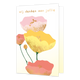 Wij denken aan jullie - Formaat: Standaard - Vorm: Staand - Denken aan kaart - Op deze wenskaart staan bloemen in de kleuren goud, geel en roze met daarboven de tekst: "Wij denken aan jullie". - Snelwenskaart
