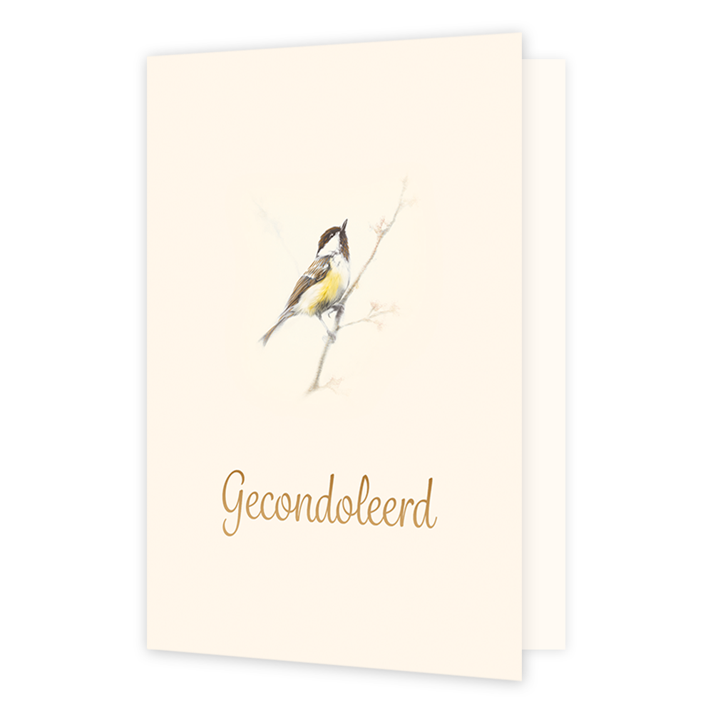 Op deze wenskaart staat een pimpelmeesje met daaronder de gouden tekst 'gecondoleerd'.