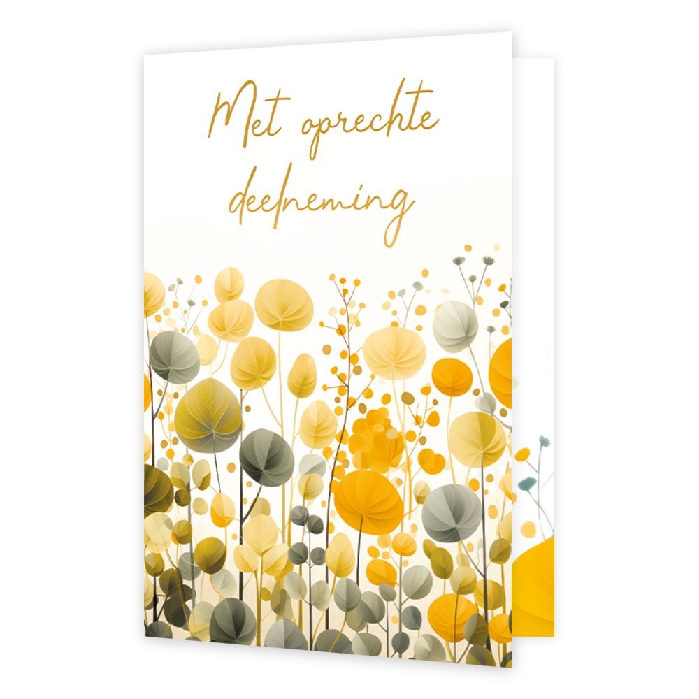 Met oprechte deelneming - Formaat: Normaal - Vorm: Staand - Condoleance kaart - Op deze wenskaart staat een bloemenveld met de kleuren geel, grijs en groen. Boven de illustratie staat de tekst: "Met oprechte deelneming". - Snelwenskaart