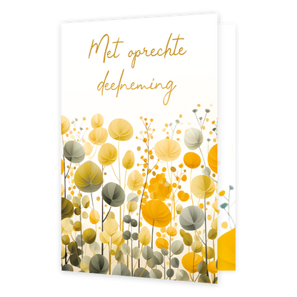 Met oprechte deelneming - Formaat: Normaal - Vorm: Staand - Condoleance kaart - Op deze wenskaart staat een bloemenveld met de kleuren geel, grijs en groen. Boven de illustratie staat de tekst: "Met oprechte deelneming". - Snelwenskaart