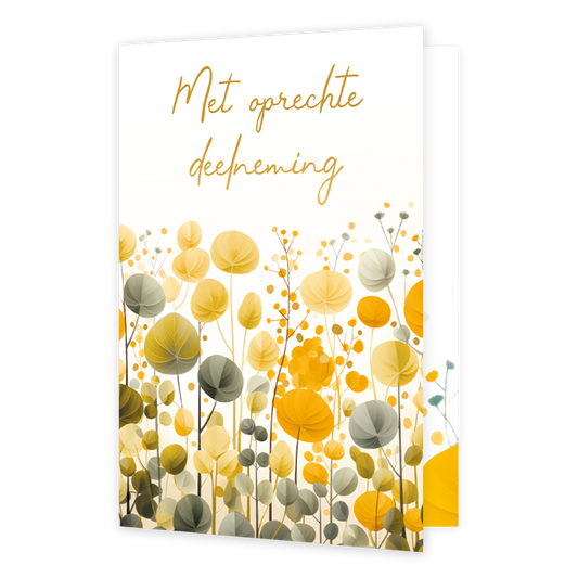 Met oprechte deelneming - Formaat: Normaal - Vorm: Staand - Condoleance kaart - Op deze wenskaart staat een bloemenveld met de kleuren geel, grijs en groen. Boven de illustratie staat de tekst: "Met oprechte deelneming". - Snelwenskaart