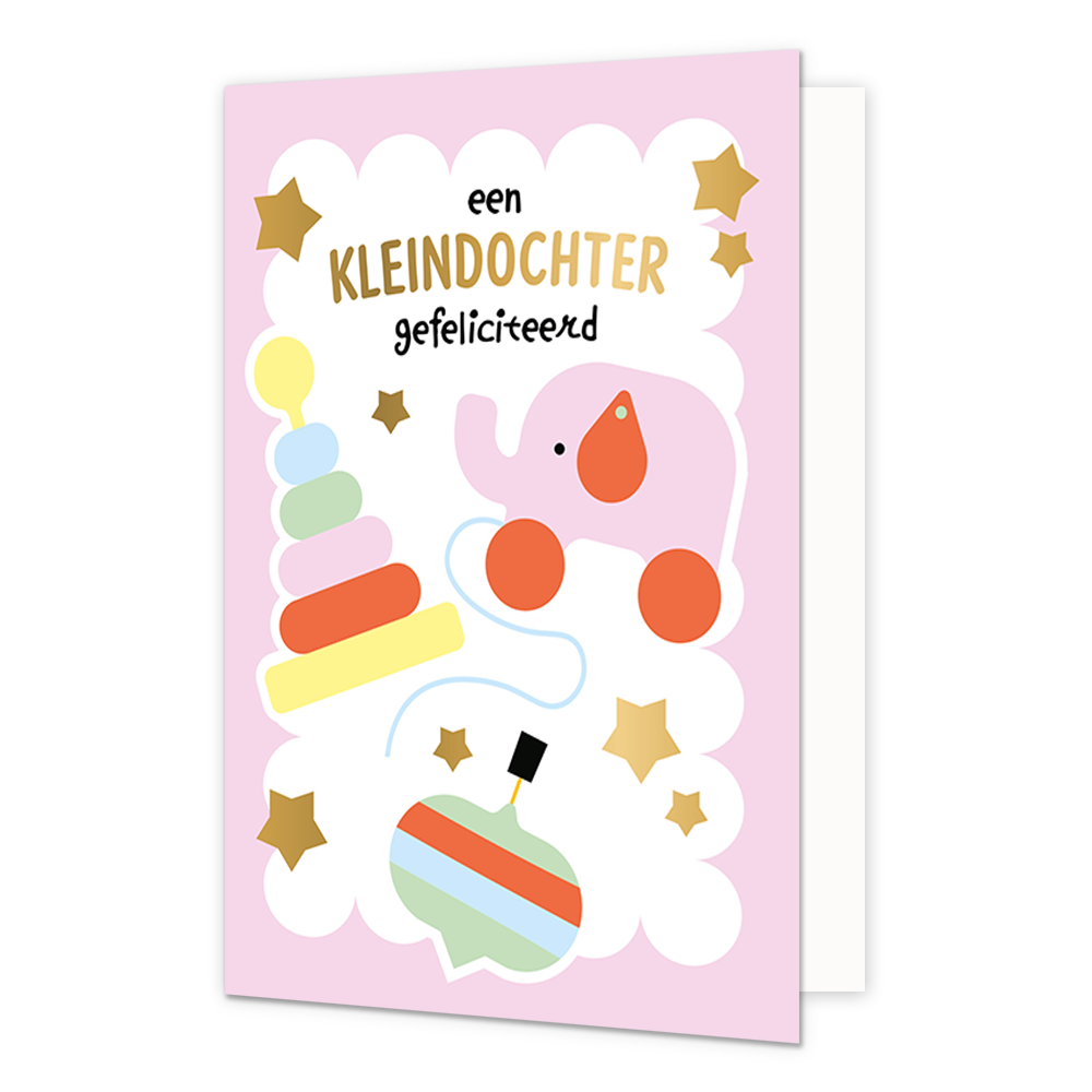 Een kleindochter gefeliciteerd - Formaat: Standaard - Vorm: Staand - Geboortekaart - Op deze wenskaart staat een roze achtergrond met een wit, schulprandig kader waarin diverse speelgoedobjecten zijn afgebeeld, waaronder een stapelringtoren, een roze speelgoedolifant op wieltjes en een tol, omringd door gouden sterren. Bovenaan de kaart staat in zwarte en gouden letters de tekst een KLEINDOCHTER gefeliciteerd vermeld. - Snelwenskaart