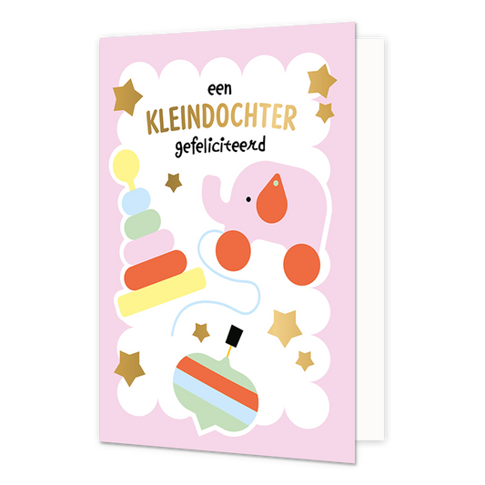 Een kleindochter gefeliciteerd - Formaat: Standaard - Vorm: Staand - Geboortekaart - Op deze wenskaart staat een roze achtergrond met een wit, schulprandig kader waarin diverse speelgoedobjecten zijn afgebeeld, waaronder een stapelringtoren, een roze speelgoedolifant op wieltjes en een tol, omringd door gouden sterren. Bovenaan de kaart staat in zwarte en gouden letters de tekst een KLEINDOCHTER gefeliciteerd vermeld. - Snelwenskaart