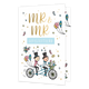 MR & MR - Formaat: Standaard - Vorm: Staand - Huwelijkskaart - Op deze wenskaart staat een witte achtergrond met daarop een illustratie van twee mannen in trouwkostuums met hoge hoeden op een blauwe tandemfiets, omringd door hartjes, vlinders, ballonnen en bloemen. Bovenaan de kaart staat in grote goudkleurige letters de tekst "MR & MR", direct daaronder gevolgd door een lichtblauwe rechthoekige balk met de witte tekst "GEFELICITEERD". De fiets is versierd met een mandje vol bloemen voorop en hartvormige b